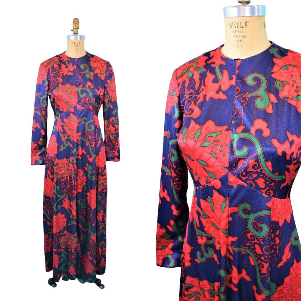 Vintage 1970s Maxi Dress Bold Purple Red Print Long Sleeves Boho Peck & Peck